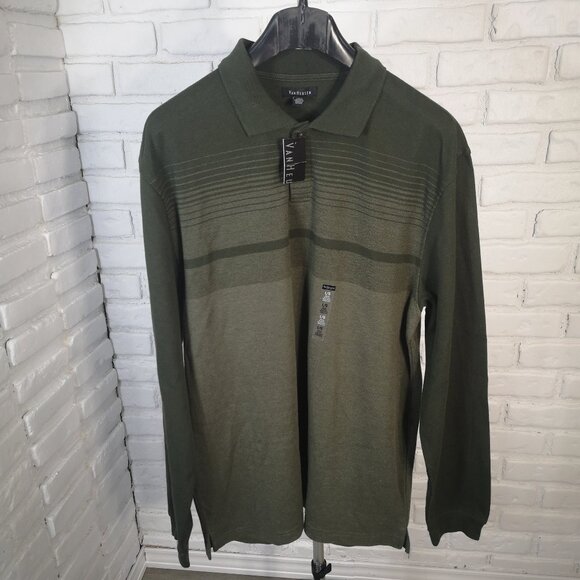 NWT Van Heusen Men's Size Large Green Beret 2 Button Closure Long Sleeves Polo - Picture 1 of 11
